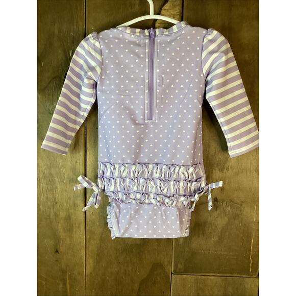 Rufflebutts Lavender Heart Polka Dot L/S 1Piece Rash Guard Bathing Suit 6-12m - Picture 4 of 5